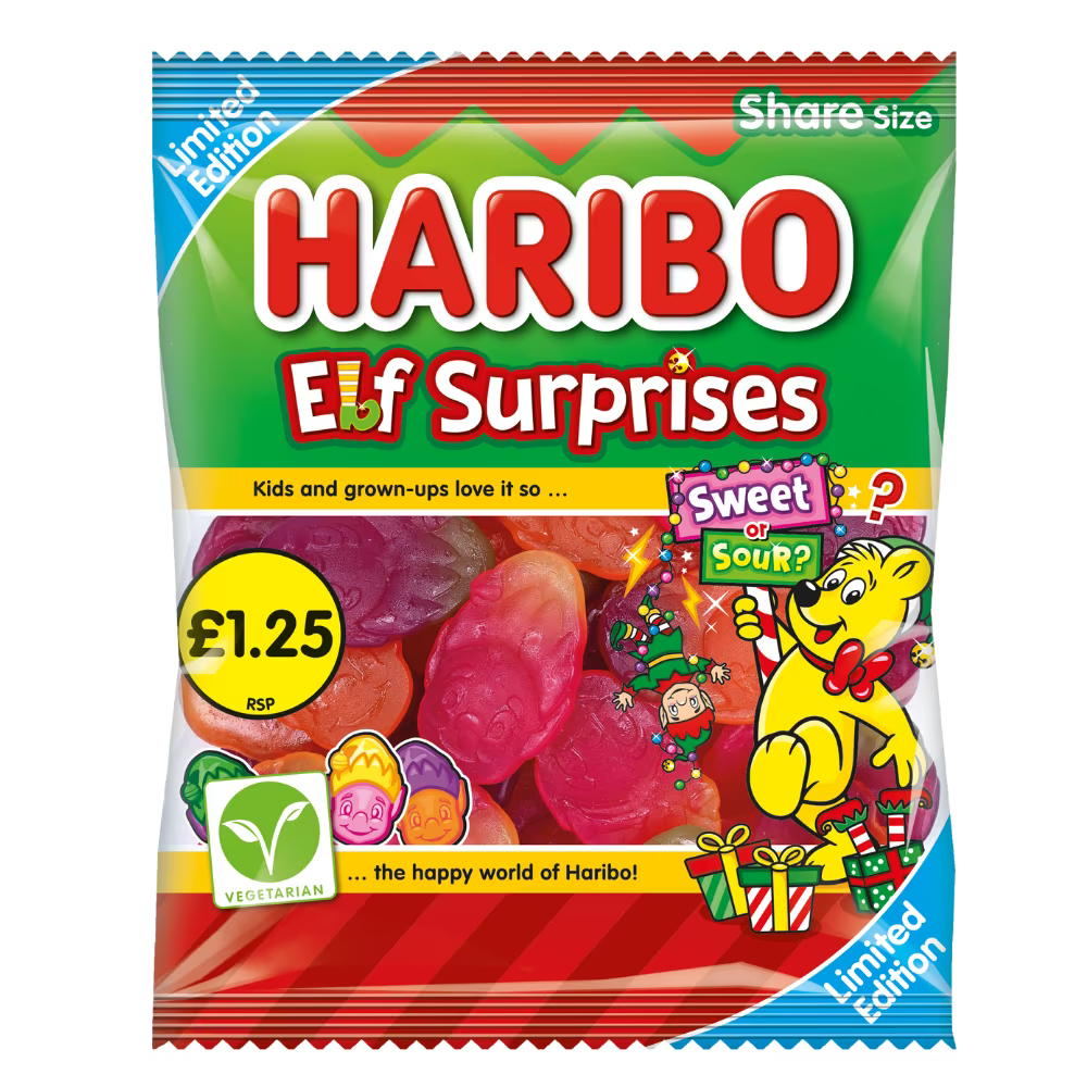 Haribo Elf Surprises Christmas Sweet & Sour Fruit Flavour Sweets Sharing Bag 140g