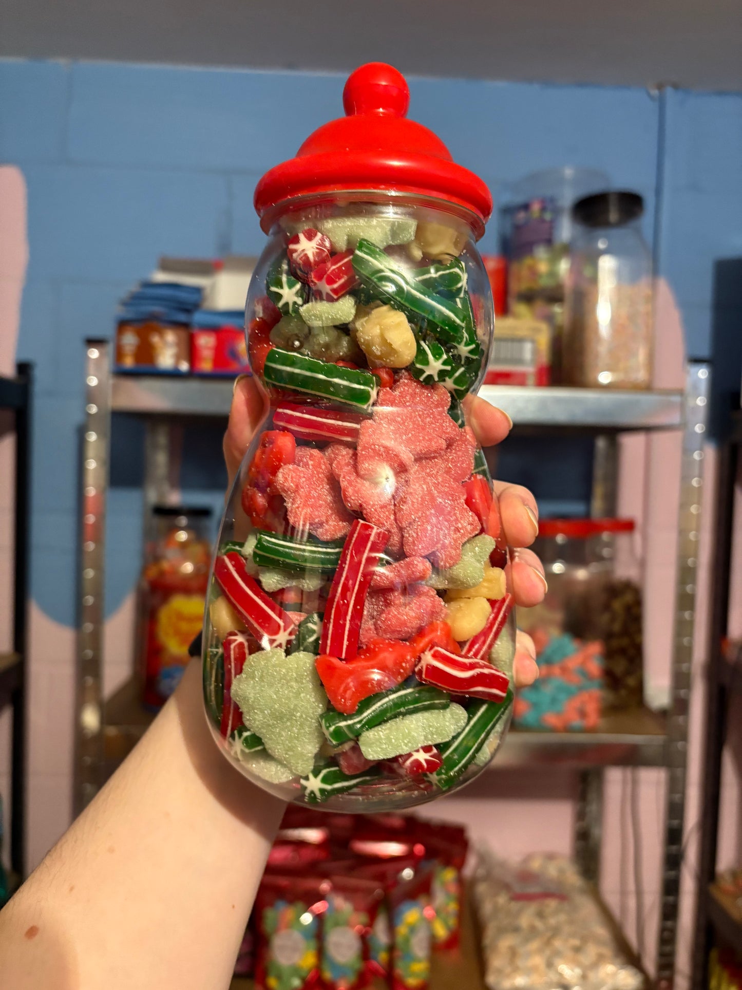 Christmas Green and Red pic n mix in Snowman Jar